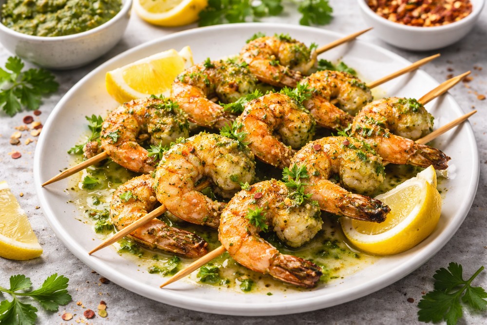 Brochettes de crevettes au pesto