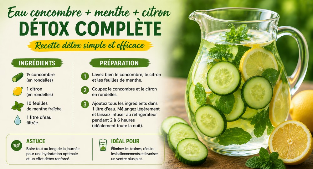 Recette d'eau détox concombre, menthe, citron