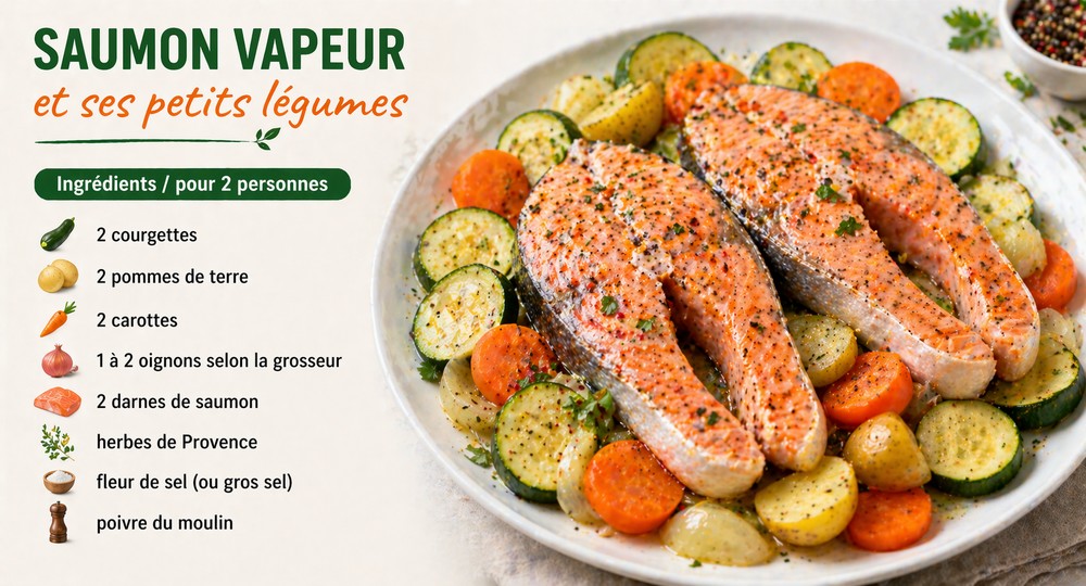Saumon vapeur et légumes frais