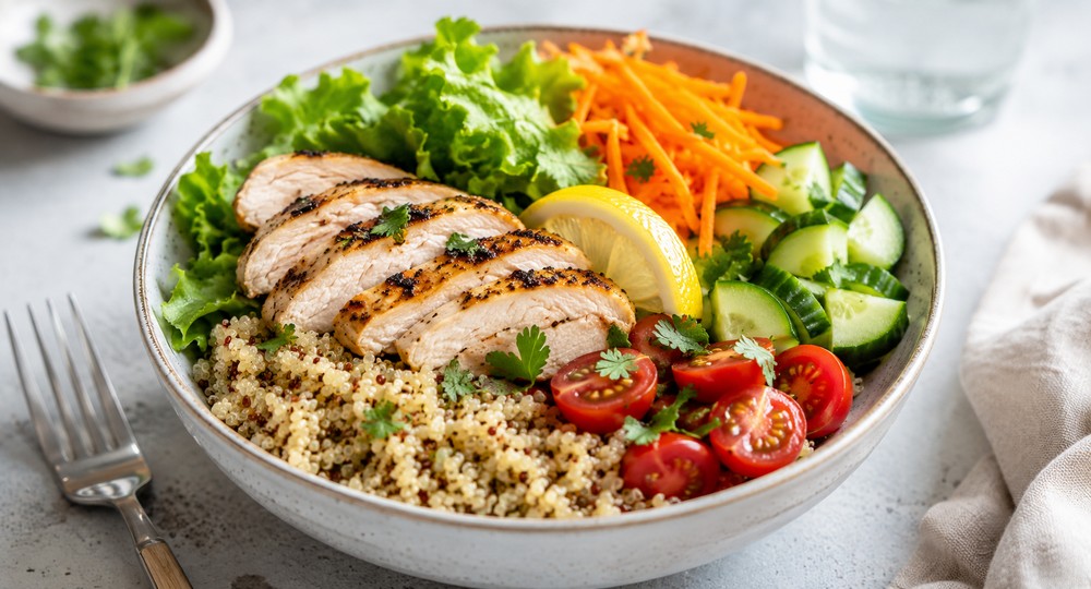 Bowl minceur au poulet, quinoa et légumes croquants