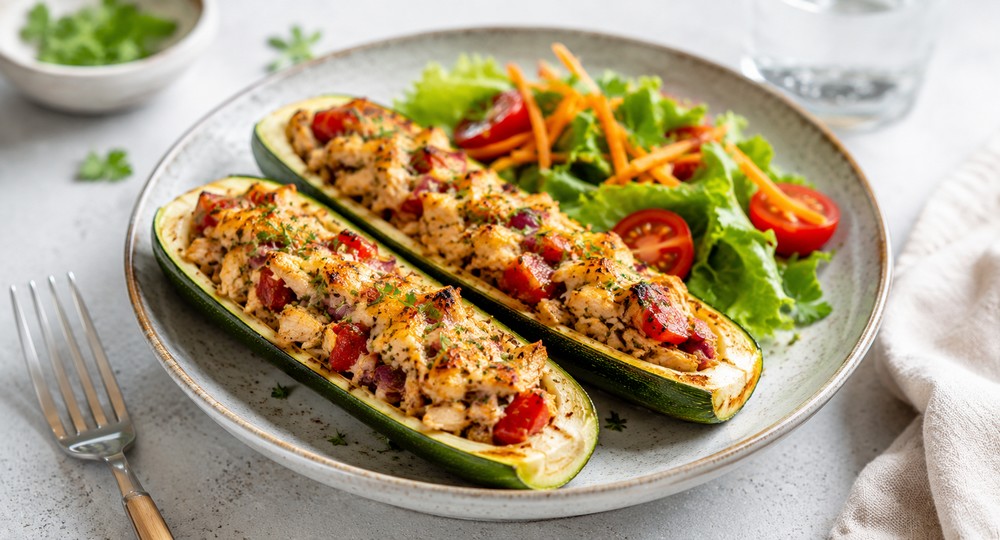 Courgettes farcies au poulet et légumes
