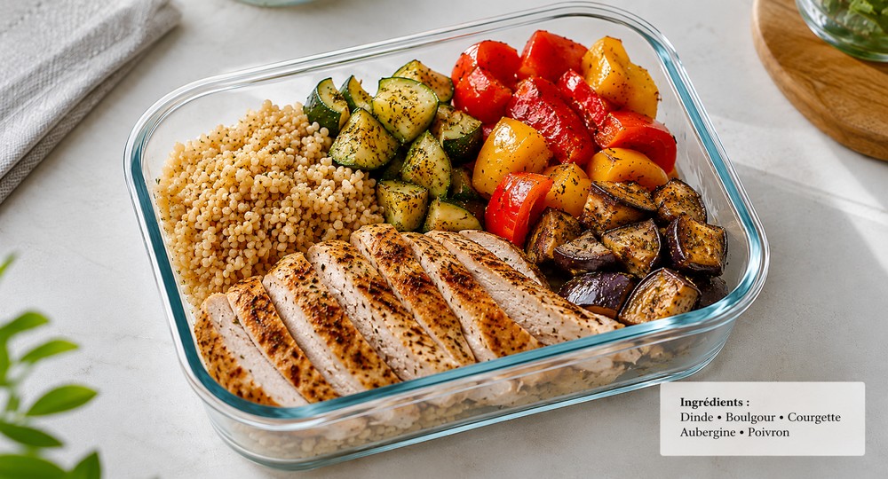 Lunch box dinde, boulgour et légumes méditerranéens