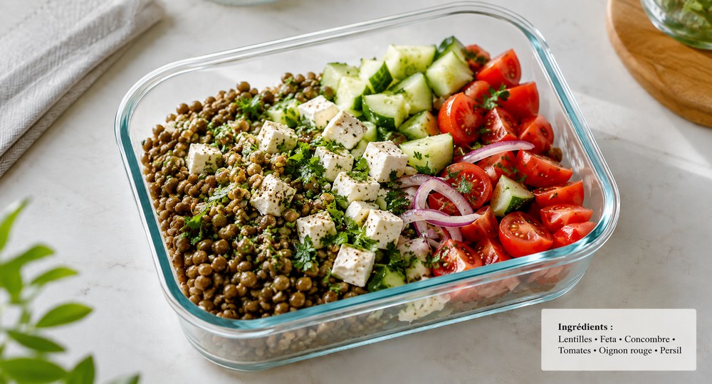 Lunch box lentilles, feta et légumes frais