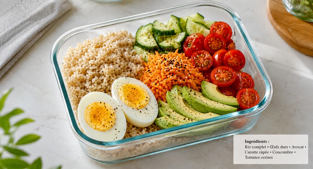 Lunch box œufs durs, riz et avocat