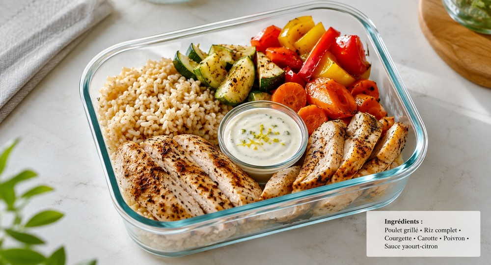 Lunch box poulet, riz complet et légumes rôtis
