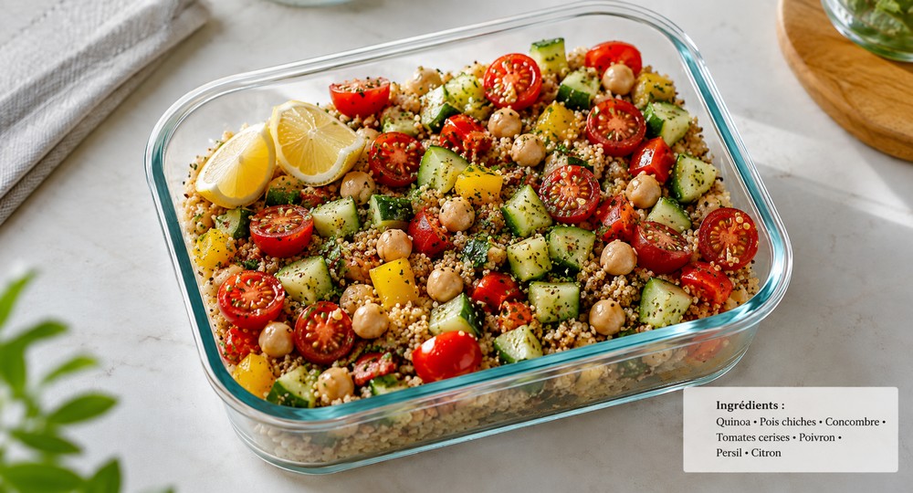 Lunch box quinoa, pois chiches et crudités