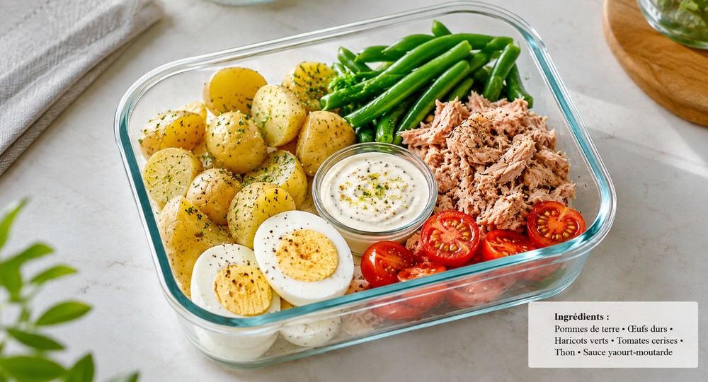 Lunch box salade de pommes de terre, œufs et haricots verts