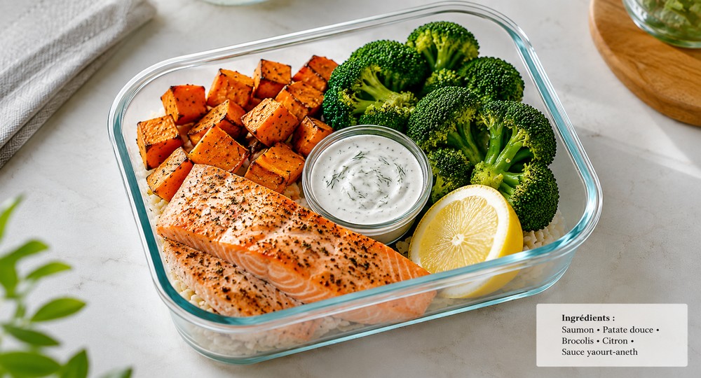 Lunch box saumon, patate douce et brocolis
