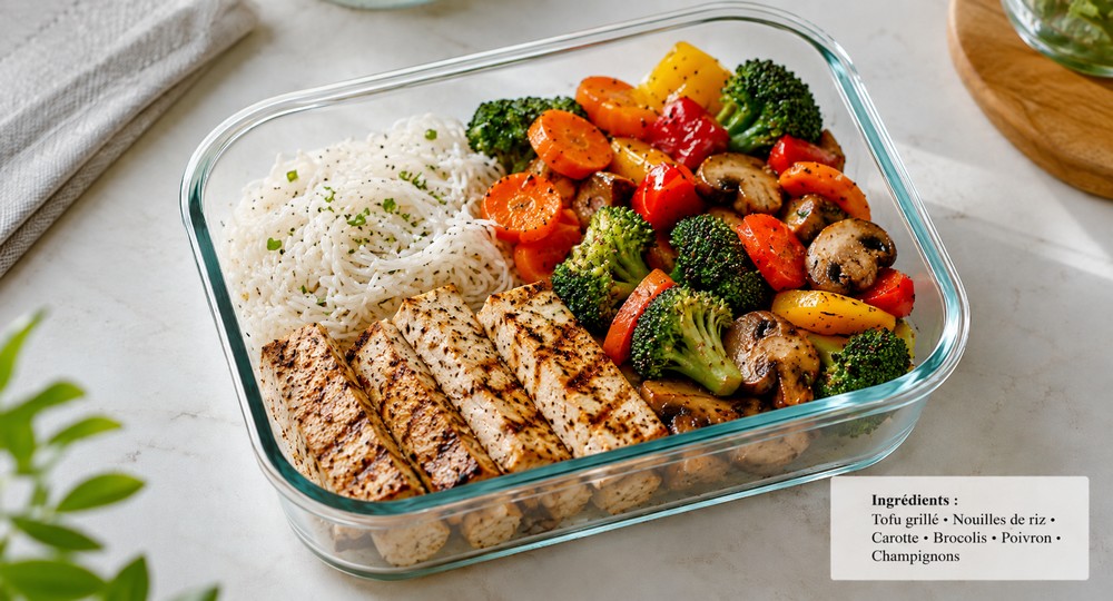 Lunch box tofu, nouilles de riz et légumes sautés
