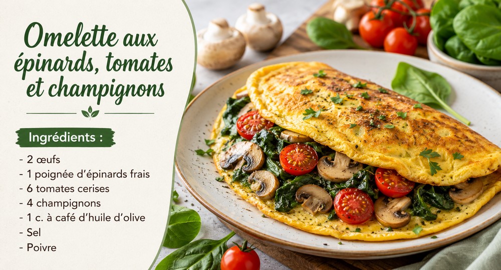 Omelette aux épinards, tomates et champignons