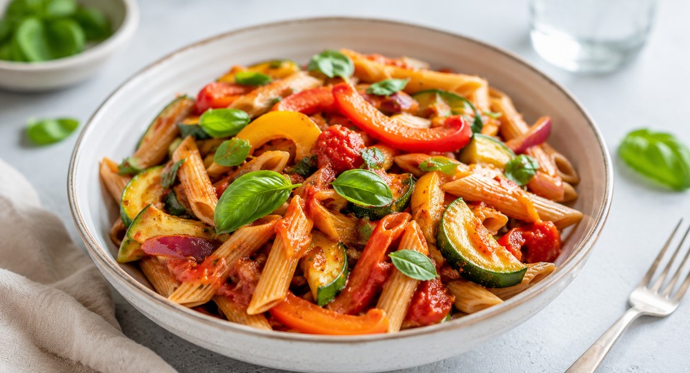 Pâtes complètes aux légumes et sauce tomate maison