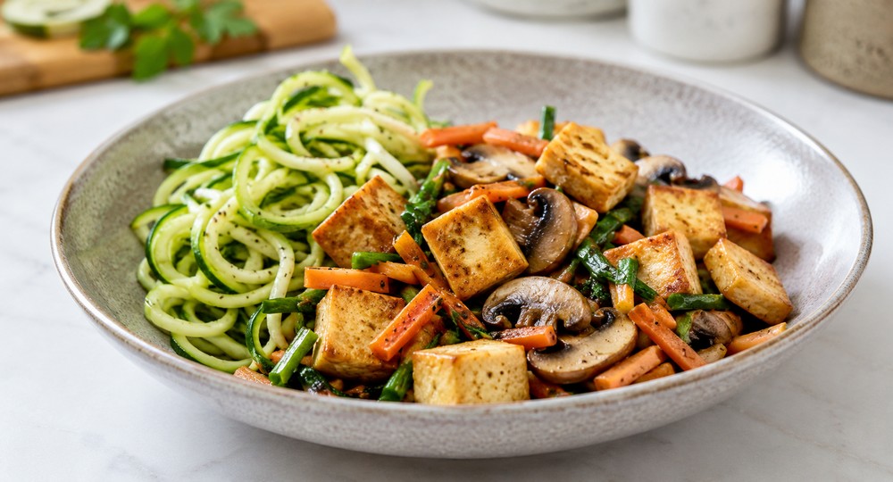 Tofu sauté aux légumes et nouilles de courgette