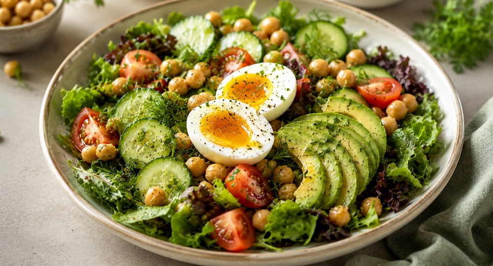 Salade rassasiante avocat, œuf, pois chiches et légumes