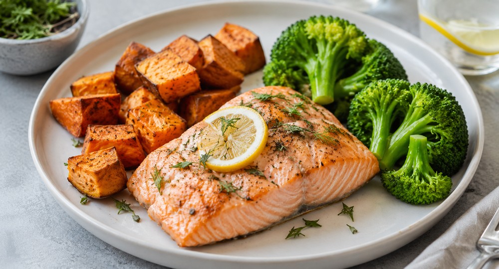 Saumon au four, brocoli et patate douce