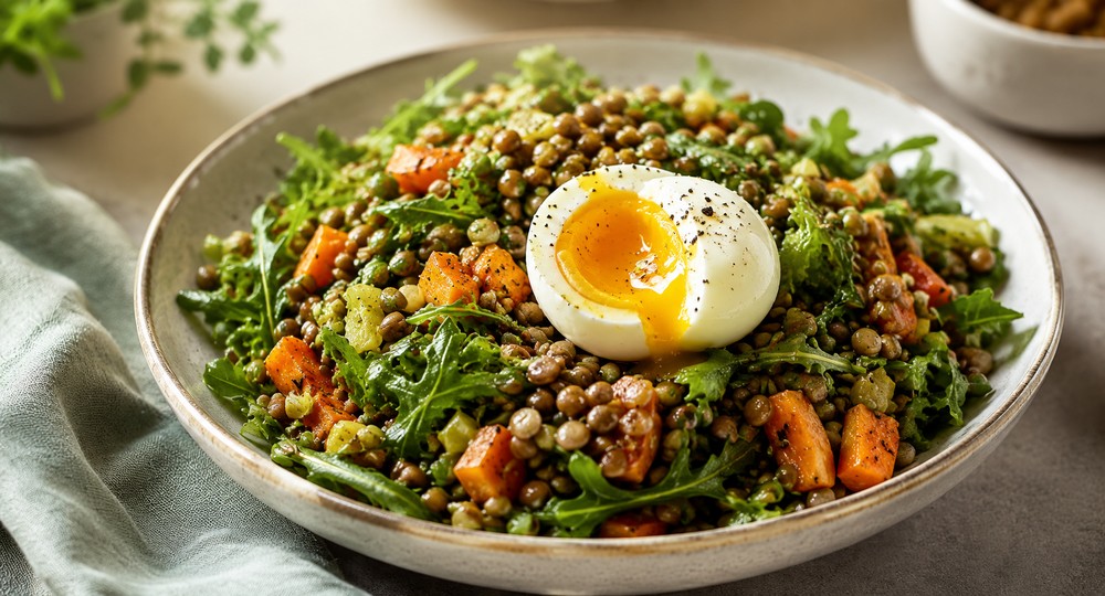Salade tiède de lentilles, carottes et œuf mollet