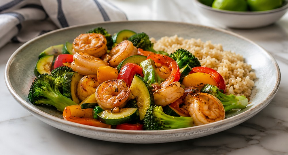 Poêlée de crevettes, légumes croquants et riz complet