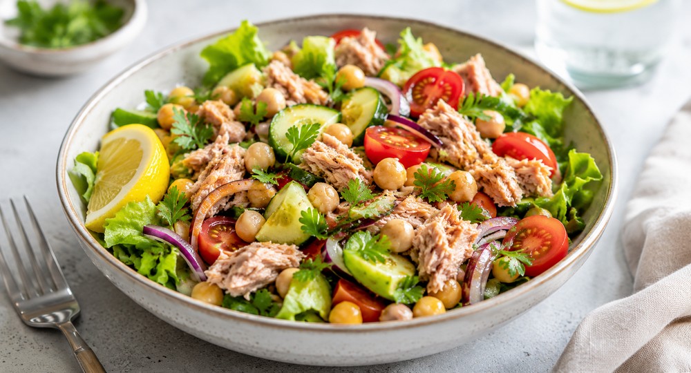 Salade minceur au thon, pois chiches et crudités