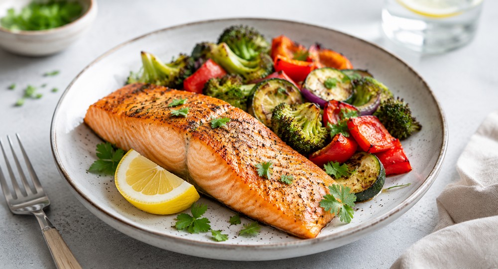 Saumon au four et légumes rôtis
