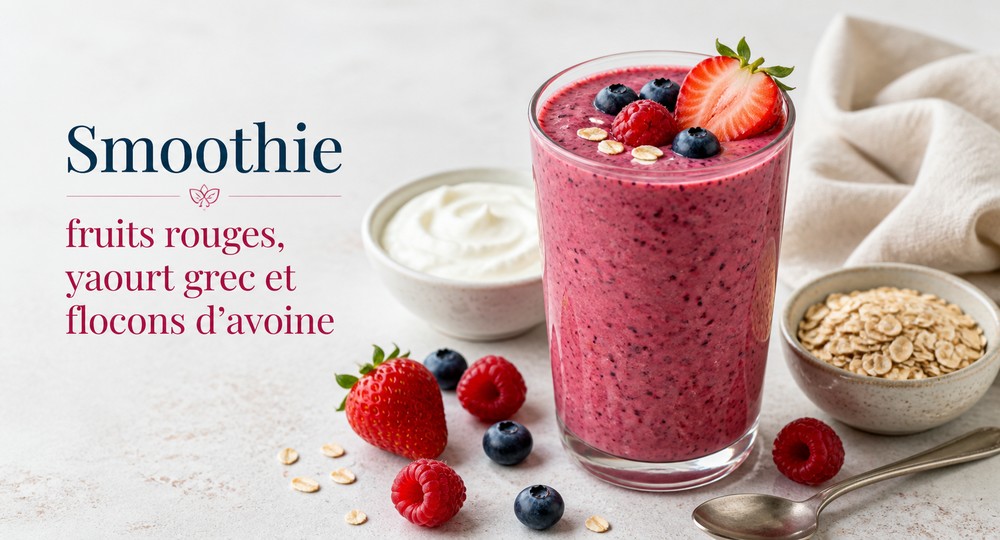 Smoothie fruits rouges, yaourt grec et flocons d’avoine