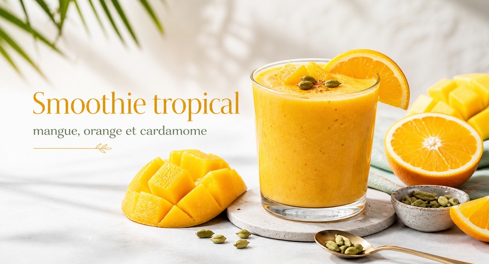 Smoothie tropical mangue, orange et cardamome