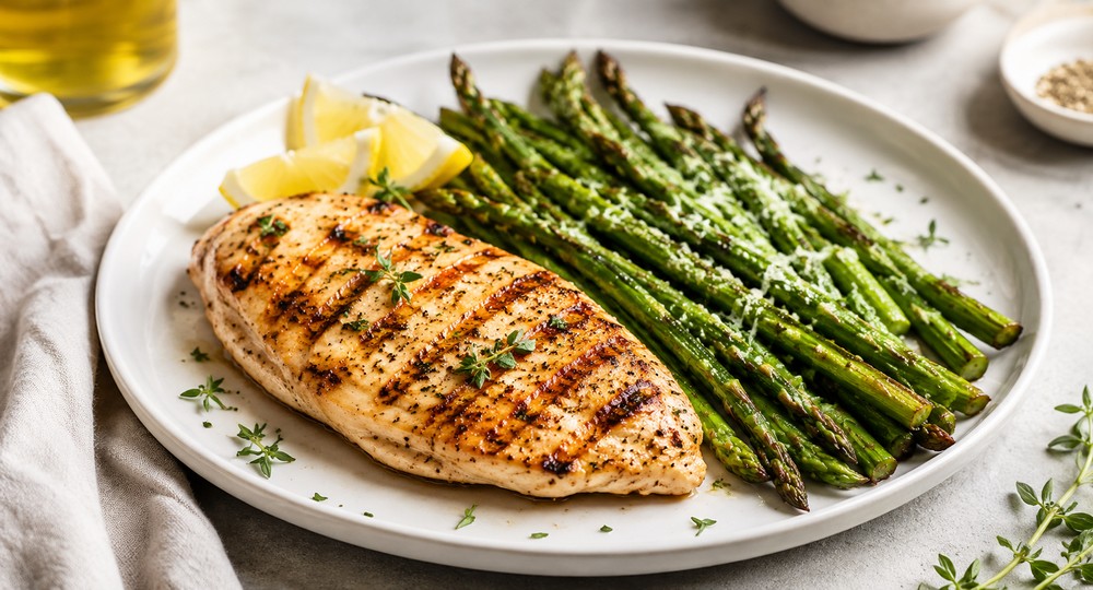 asperges vertes au parmesan et poulet grillé